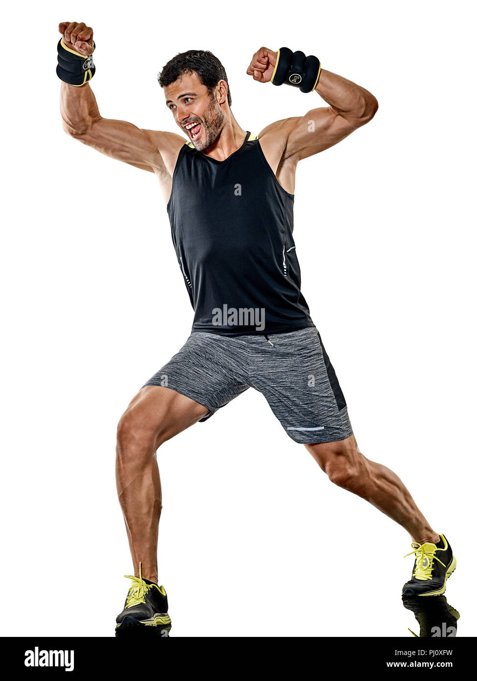 one caucasian fitness man exercising cardio boxing exercises in studio  isolated on white background Stock Photo