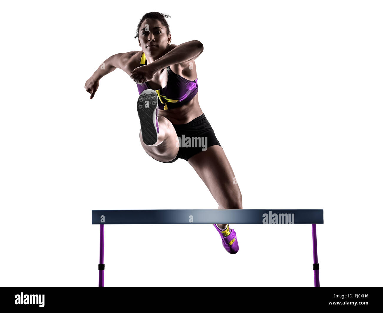 one african runner running hurdlers hurdling woman isolated on white
