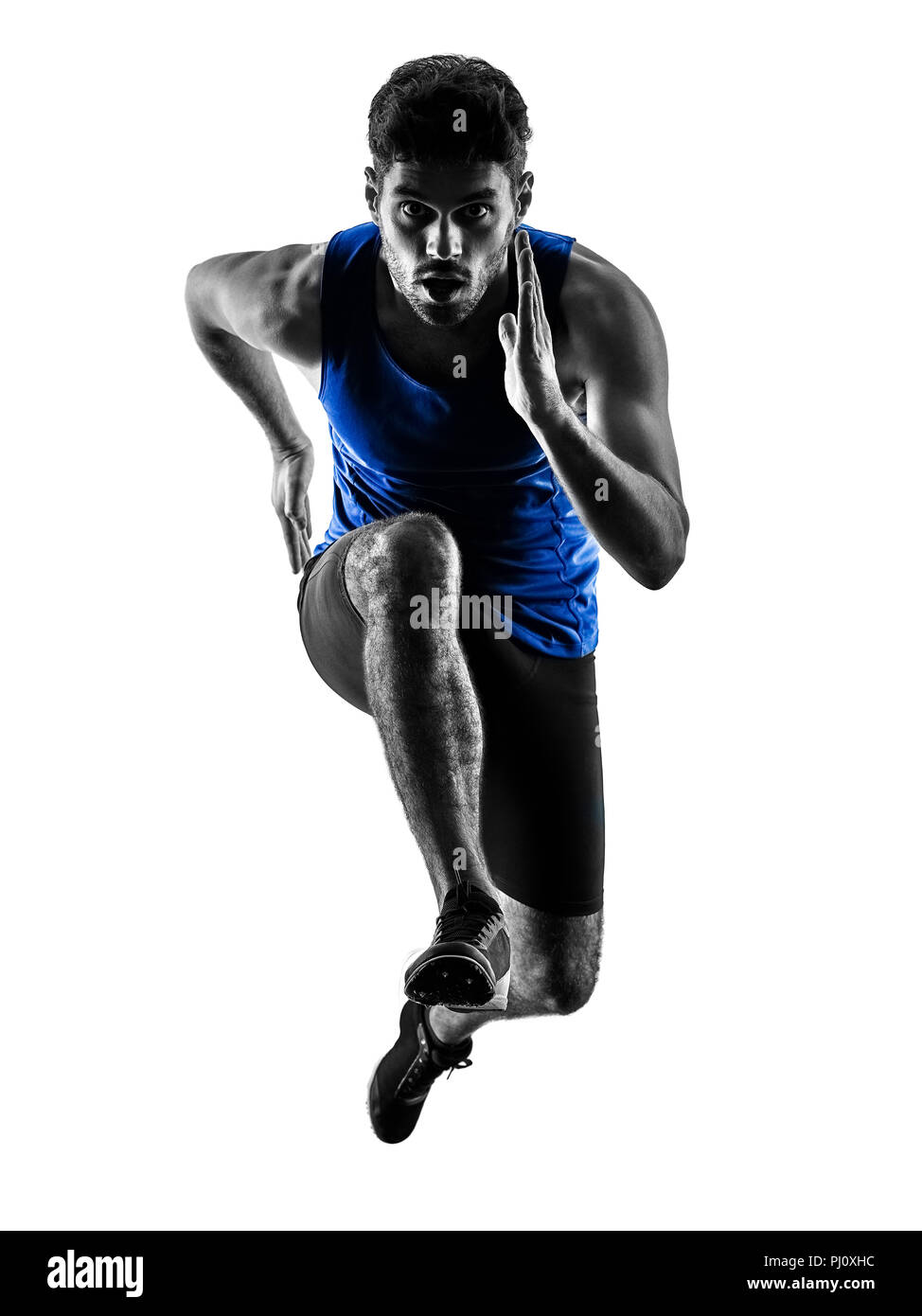 one caucasian runner sprinter running sprinting athletics man silhouette isolated on white background Stock Photo
