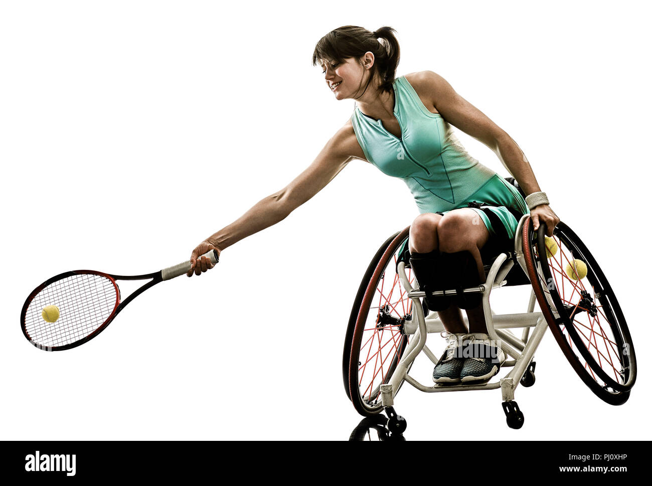 one caucasian young handicapped tennis player woman in wheelchair sport  tudio in silhouette isolated on white background Stock Photo
