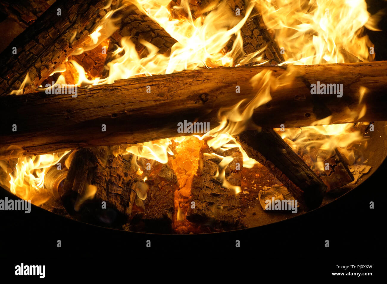 Flame burning in the dark, bonfire close up, campfire background Stock ...