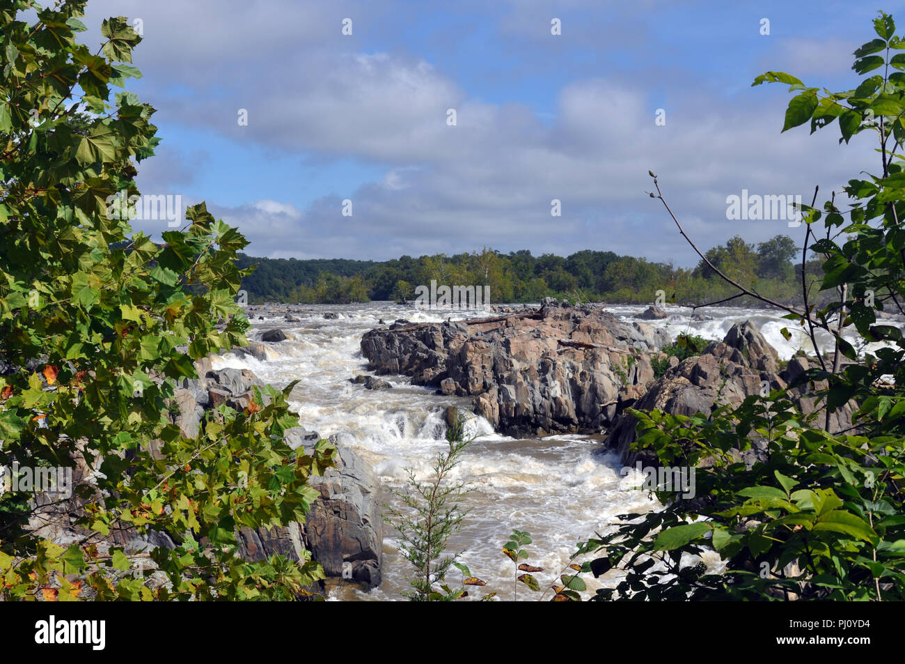 The waterfalls at Great Falls Park in Virginia with trees and a cloudy blue sky. Stock Photo