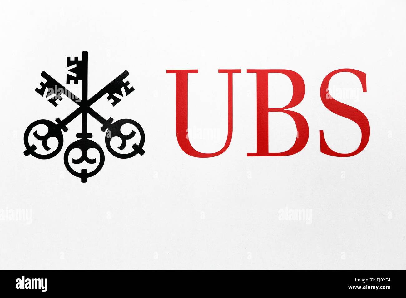 Kirchberg, Luxembourg - July 1, 2017: UBS sign on a wall. UBS is a Swiss global financial services company. UBS is the largest bank in Switzerland Stock Photo