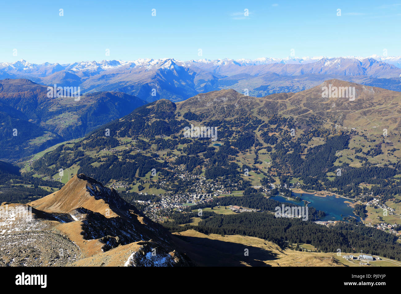 View From Rothorn Mountain To Lenzerheide And Heidsee Lake And The Panorama Of The Swiss Alps Lenzerheide Switzerland Stock Photo Alamy