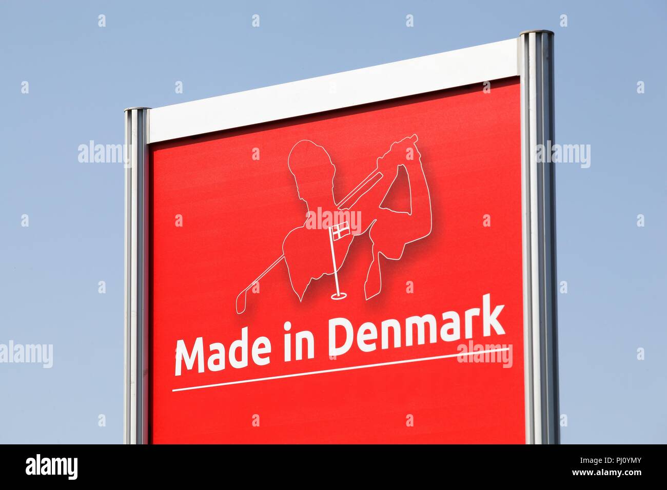 Himmerland, Denmark - August 23, 2017: Made in Denmark sign on a panel. Made in Denmark is a European Tour golf tournament played annually in Denmark Stock Photo