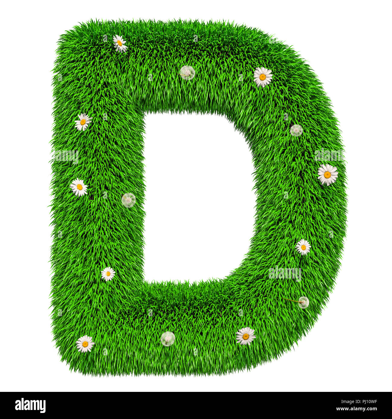 Green grassy letter D with flowers, 3D rendering isolated on white background Stock Photo
