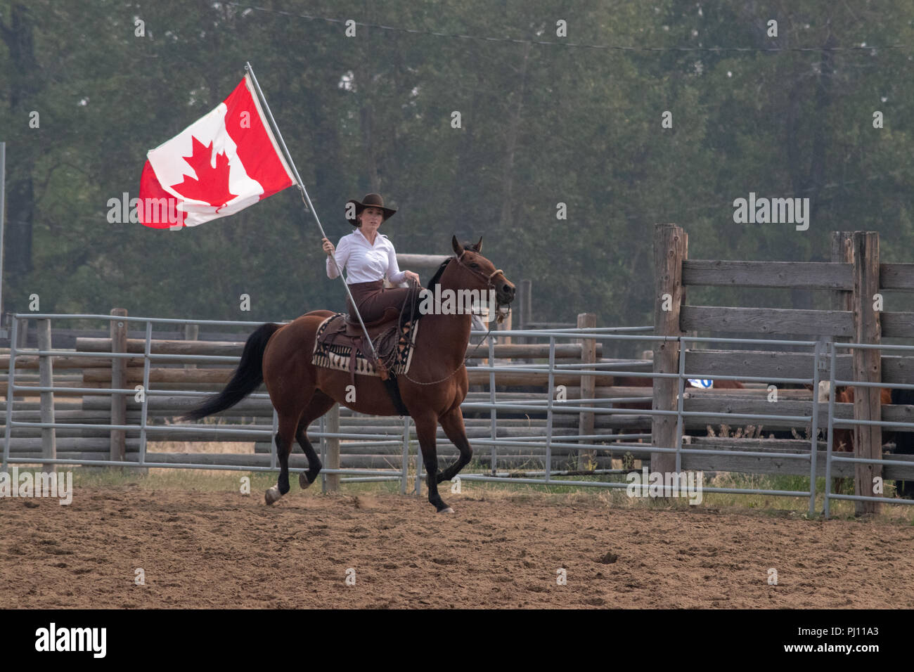 Cowgirl rides side saddle while carrying the Canadian Flag at the start ...