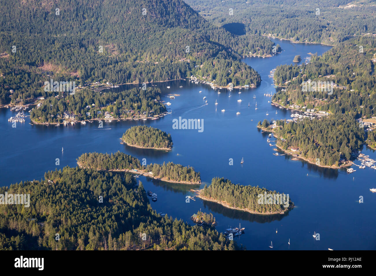 Aerial view of Madeira Park during a sunny summer day. Taken in