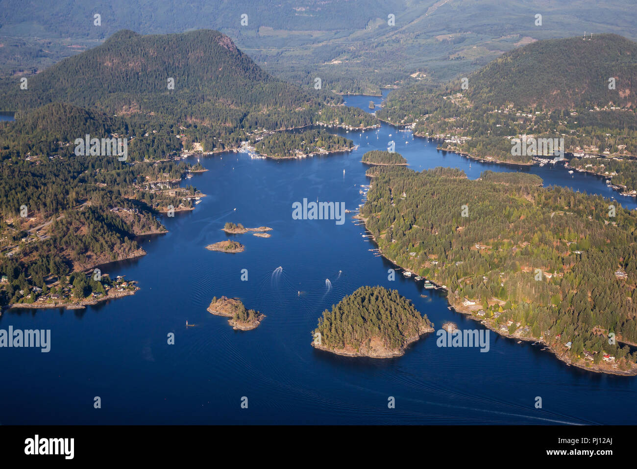 Aerial view of Madeira Park during a sunny summer day. Taken in