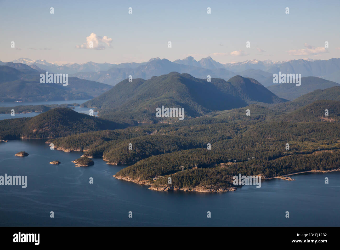 Aerial view of Nelson Island during a sunny summer day. Taken in