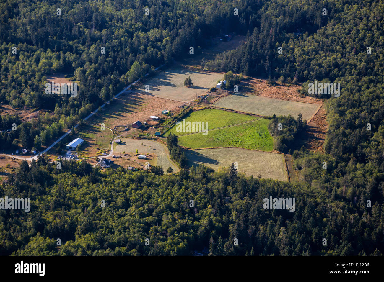 Aerial view of Farm lands on Texada Island, Powell River, Sunshine