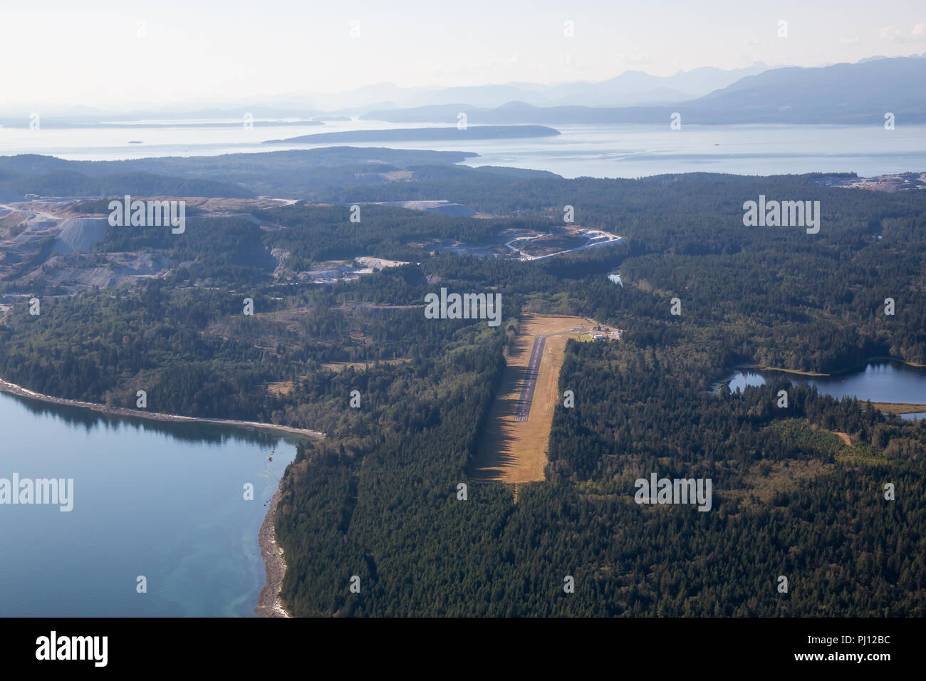 Aerial view of a small Airport on Texada Island, Powell River, Sunshine