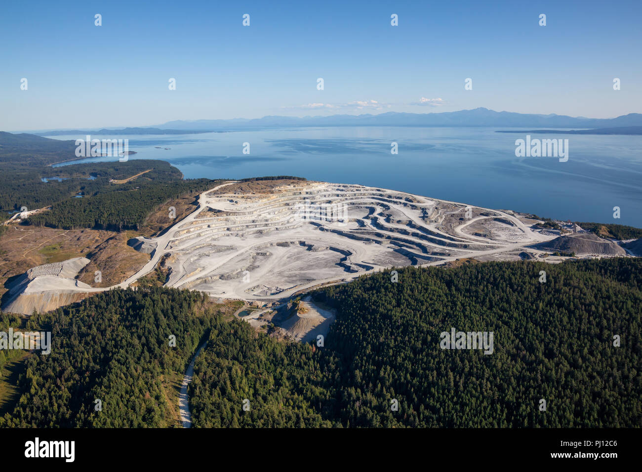 Aerial view of Coal Mining Industry on Texada Island, Powell River, Sunshine Coast, BC, Canada. Stock Photo