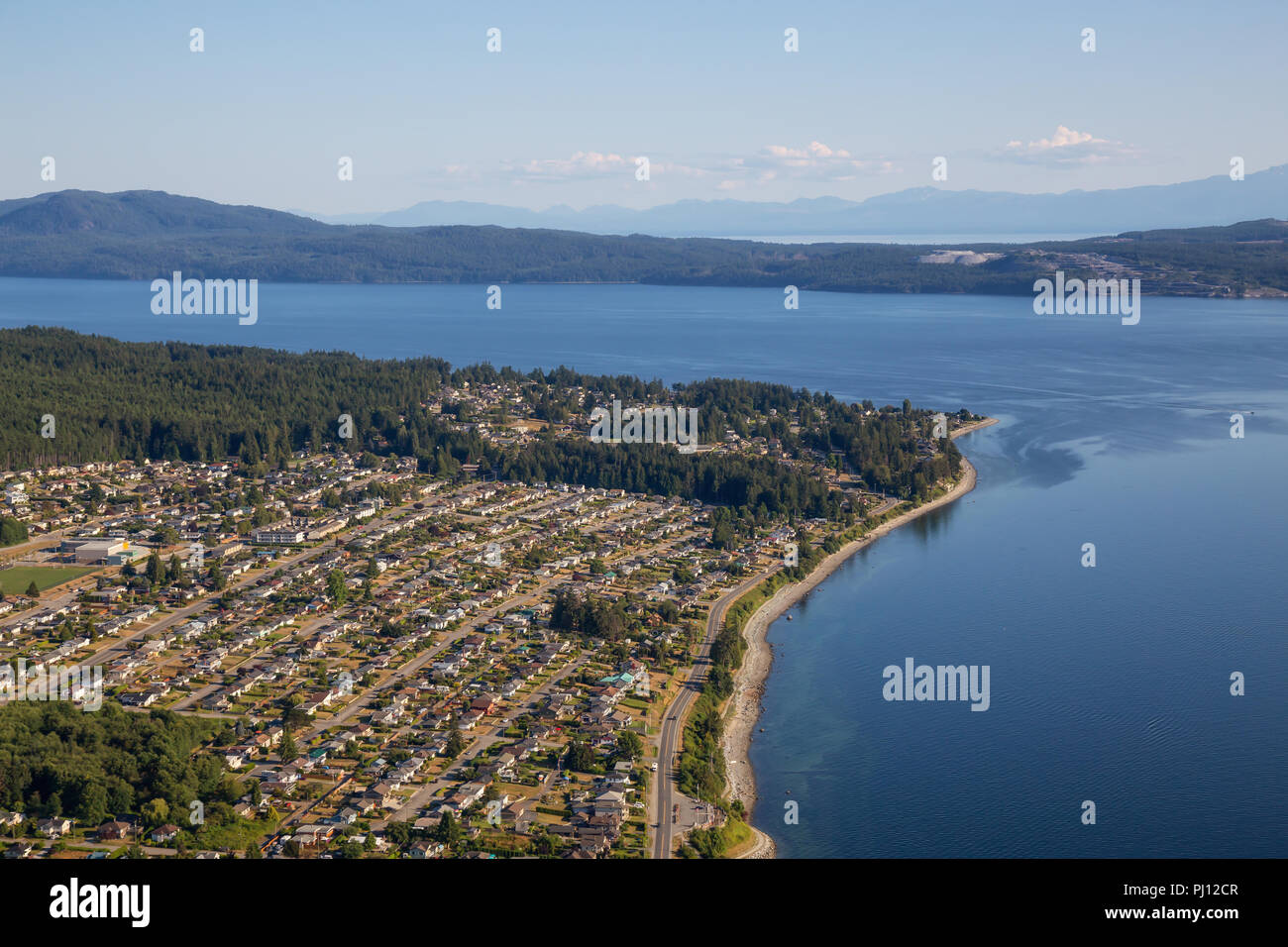 Aerial view of Powell River during a sunny summer day. Located in Sunshine Coast, BC, Canada. Stock Photo