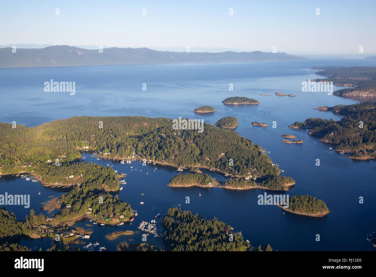 Aerial view of Madeira Park during a sunny summer day. Taken in
