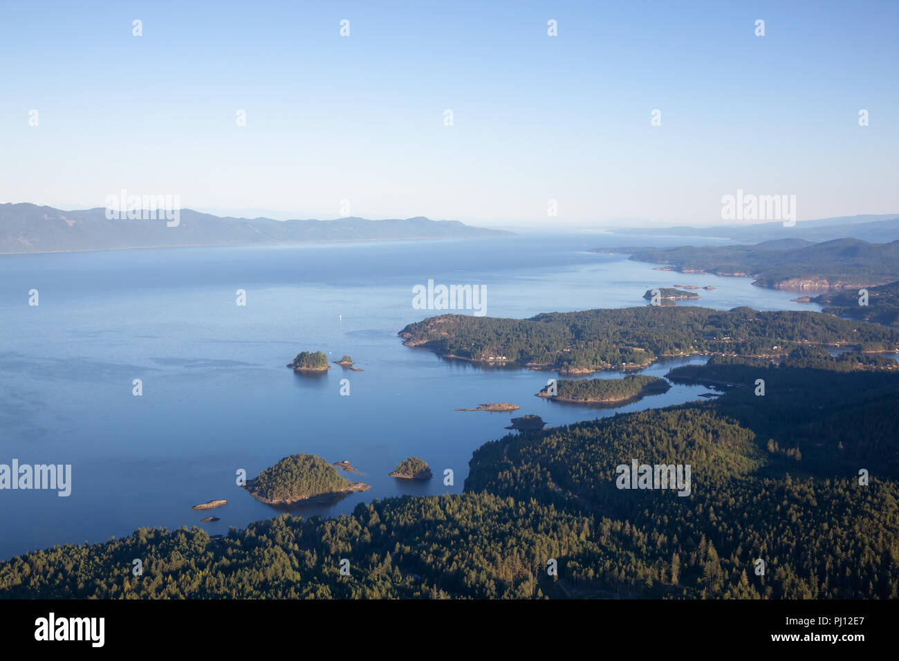 Aerial view of Madeira Park during a sunny summer day. Taken in