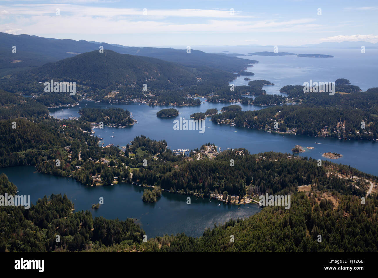 Aerial view of Madeira Park during a sunny summer day. Taken in