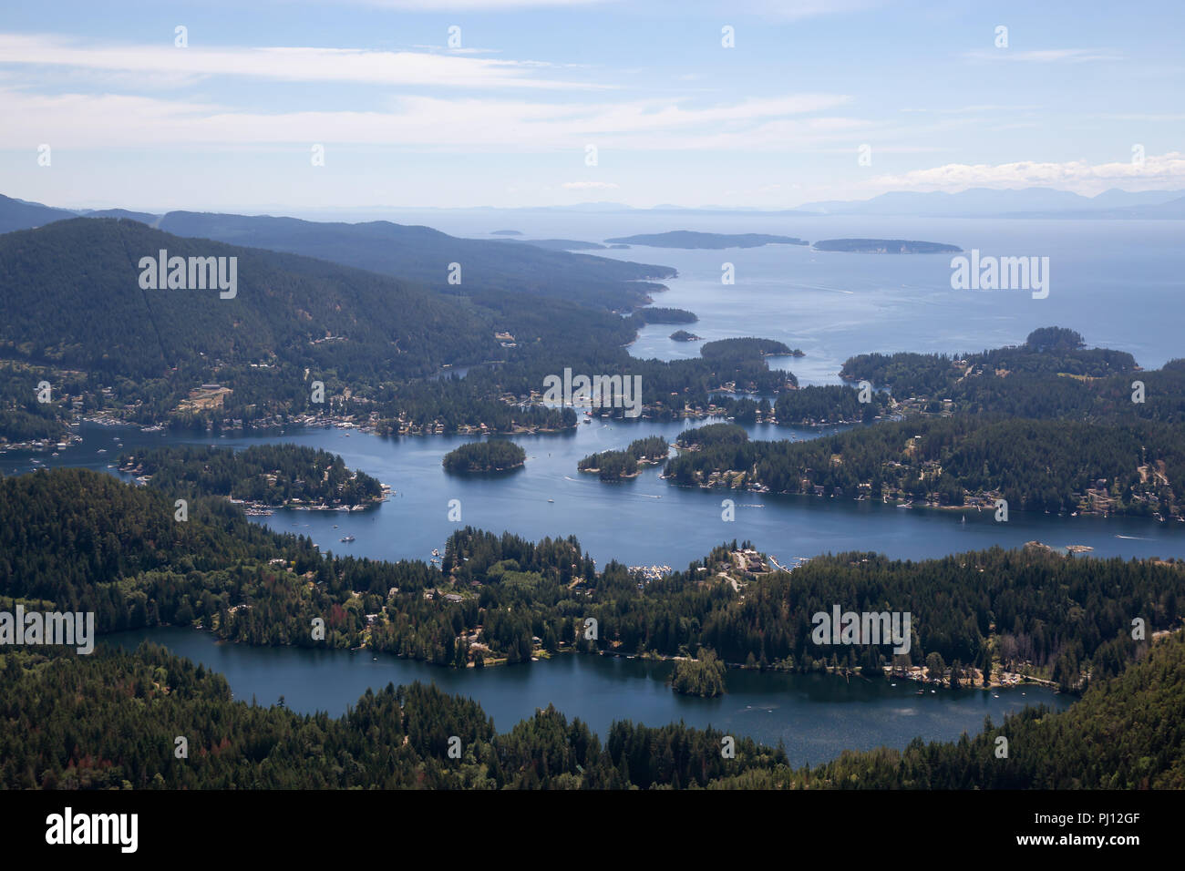Aerial view of Madeira Park during a sunny summer day. Taken in