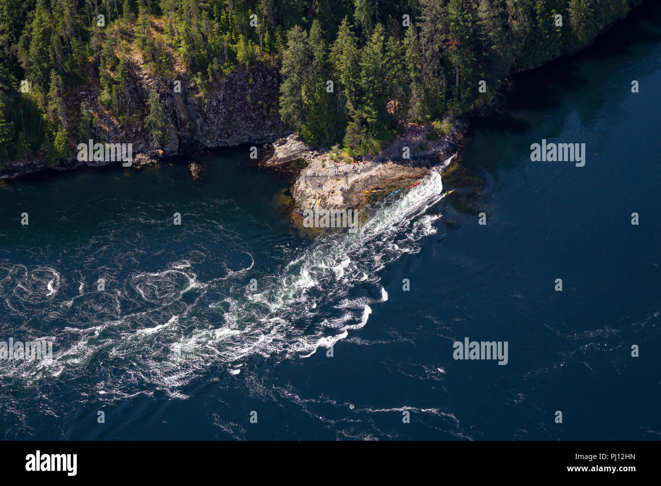 Aerial view of Skookumchuck Narrows during a vibrant sunny summer day. Located in Sunshine Coast