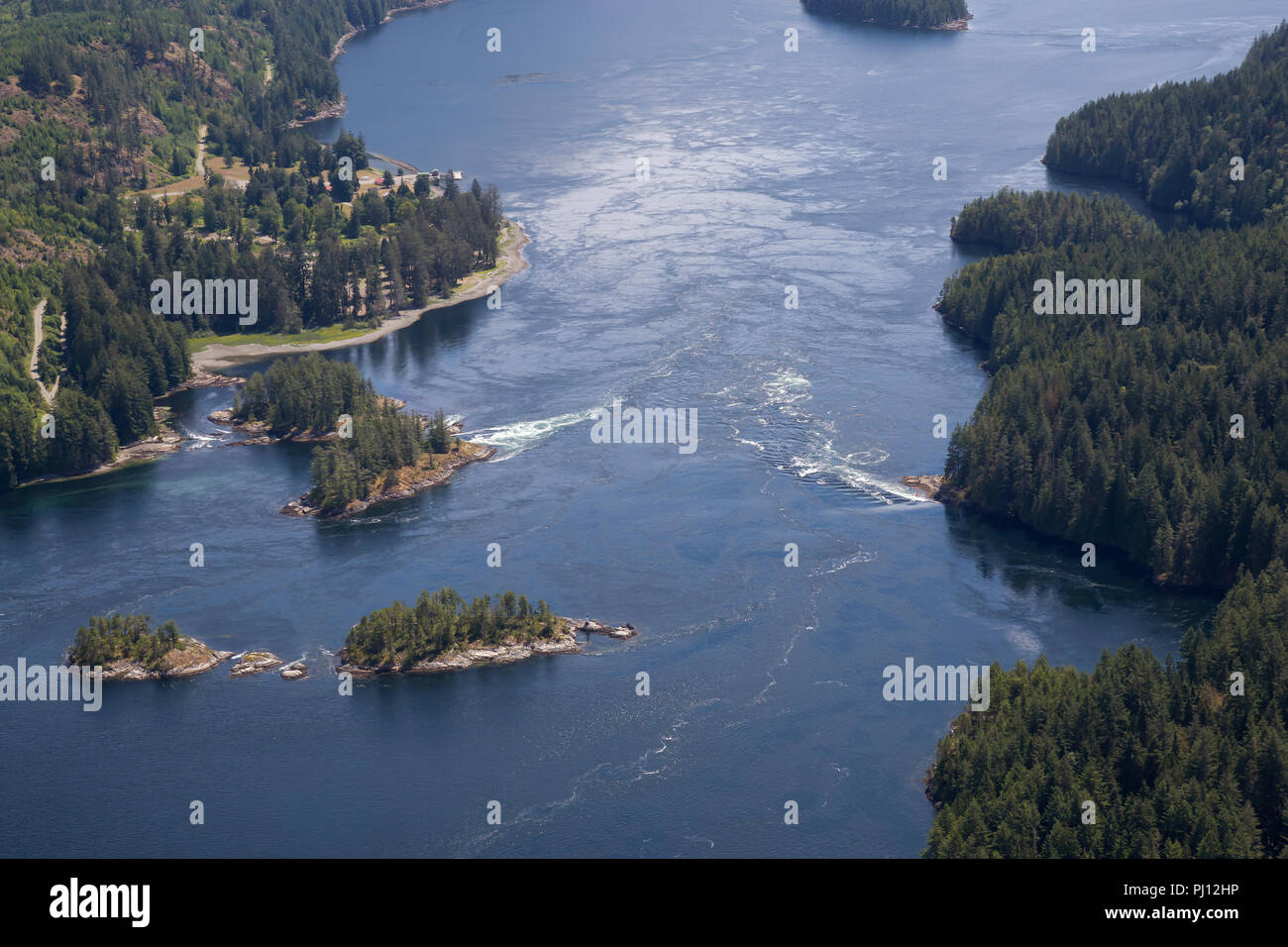 Aerial view of Skookumchuck Narrows during a vibrant sunny summer day