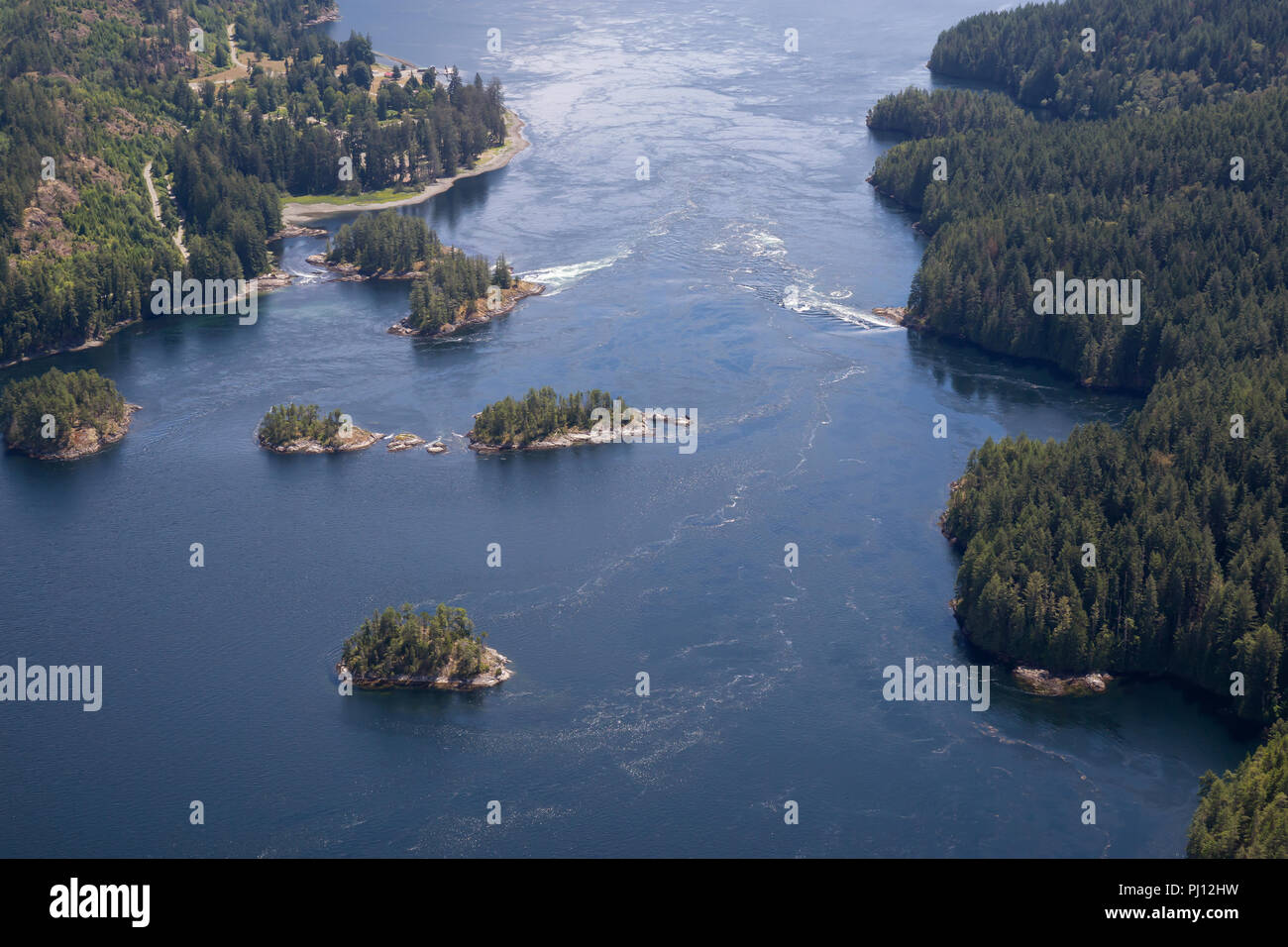 Aerial view of Skookumchuck Narrows during a vibrant sunny summer day