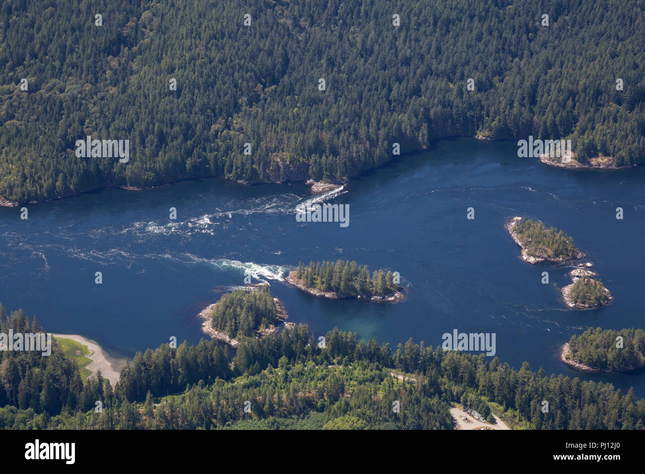 Aerial view of Skookumchuck Narrows during a vibrant sunny summer day