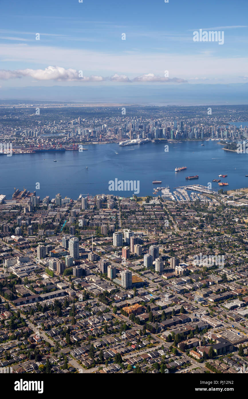 Aerial view of North Vancouver, BC, with Downtown City in the ...