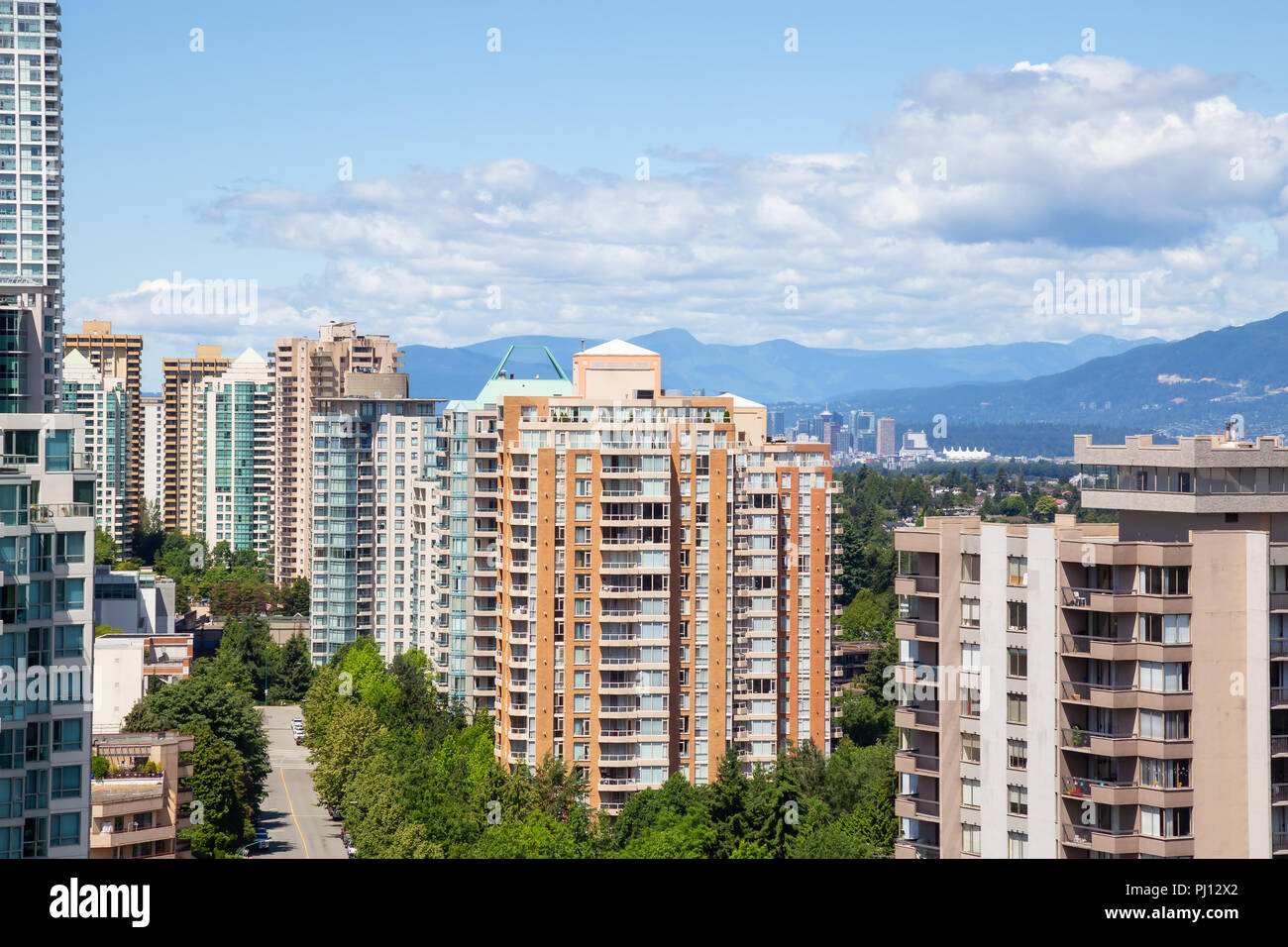 Aerial view of the residential buildings in Metrotown during a vibrant