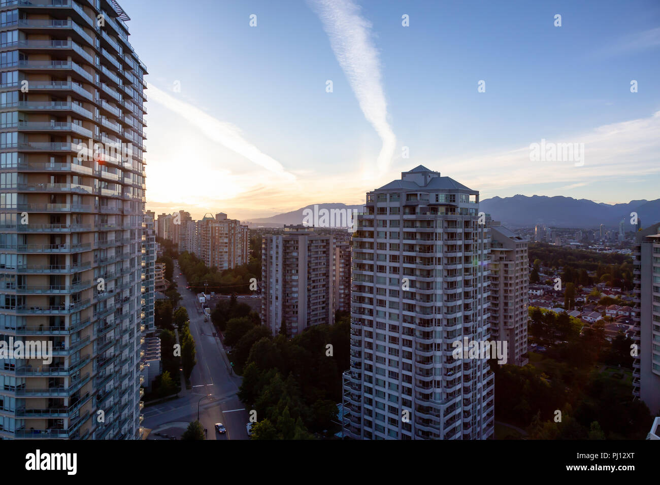 Aerial view of the residential buildings in Metrotown during a vibrant