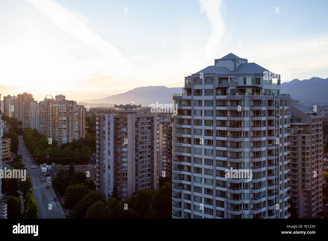 Aerial view of the residential buildings in Metrotown during a vibrant