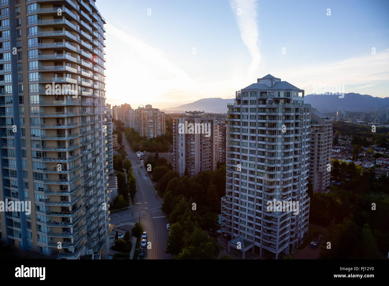 Aerial view of the residential buildings in Metrotown during a vibrant