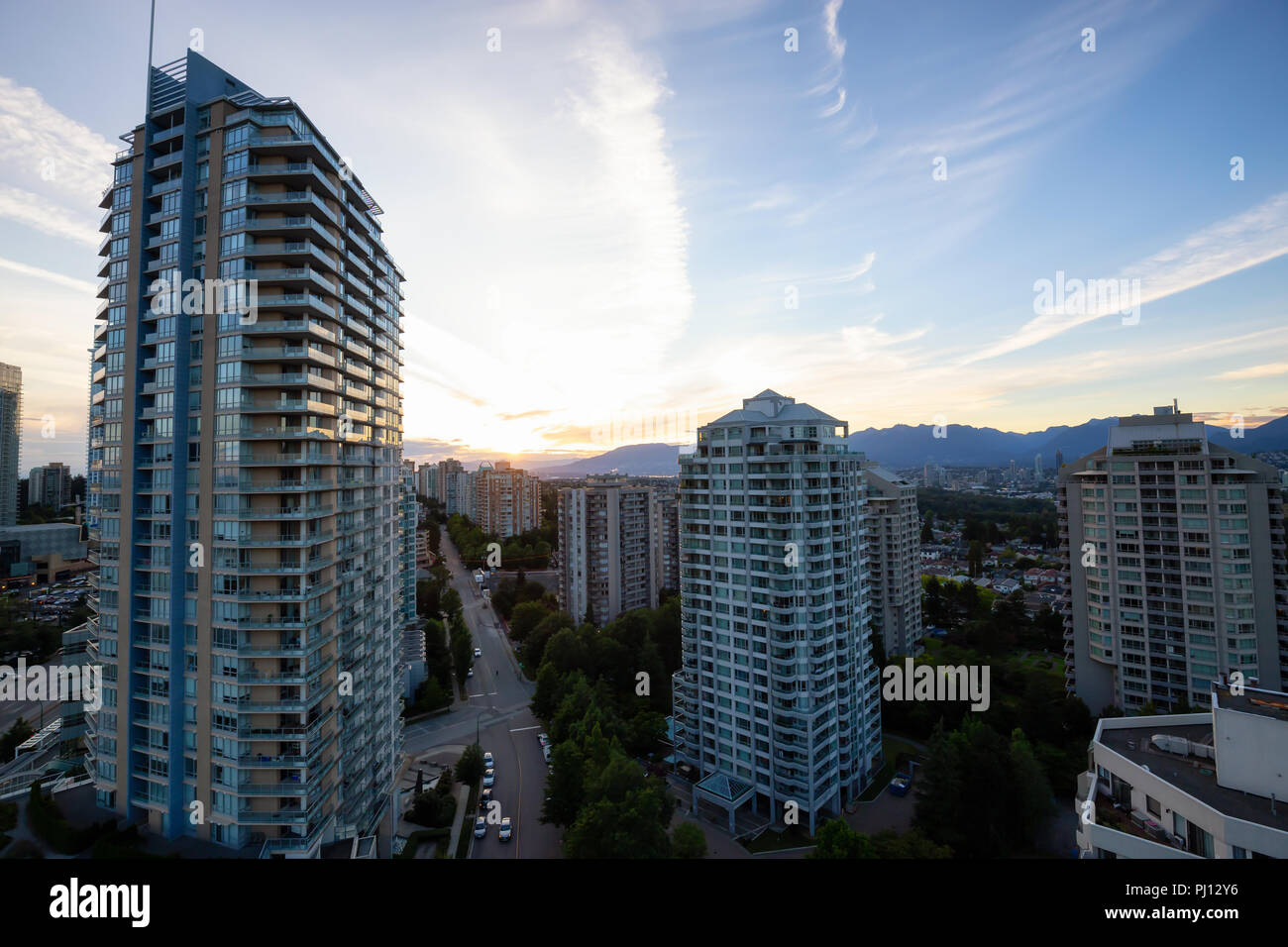 Aerial view of the residential buildings in Metrotown during a vibrant