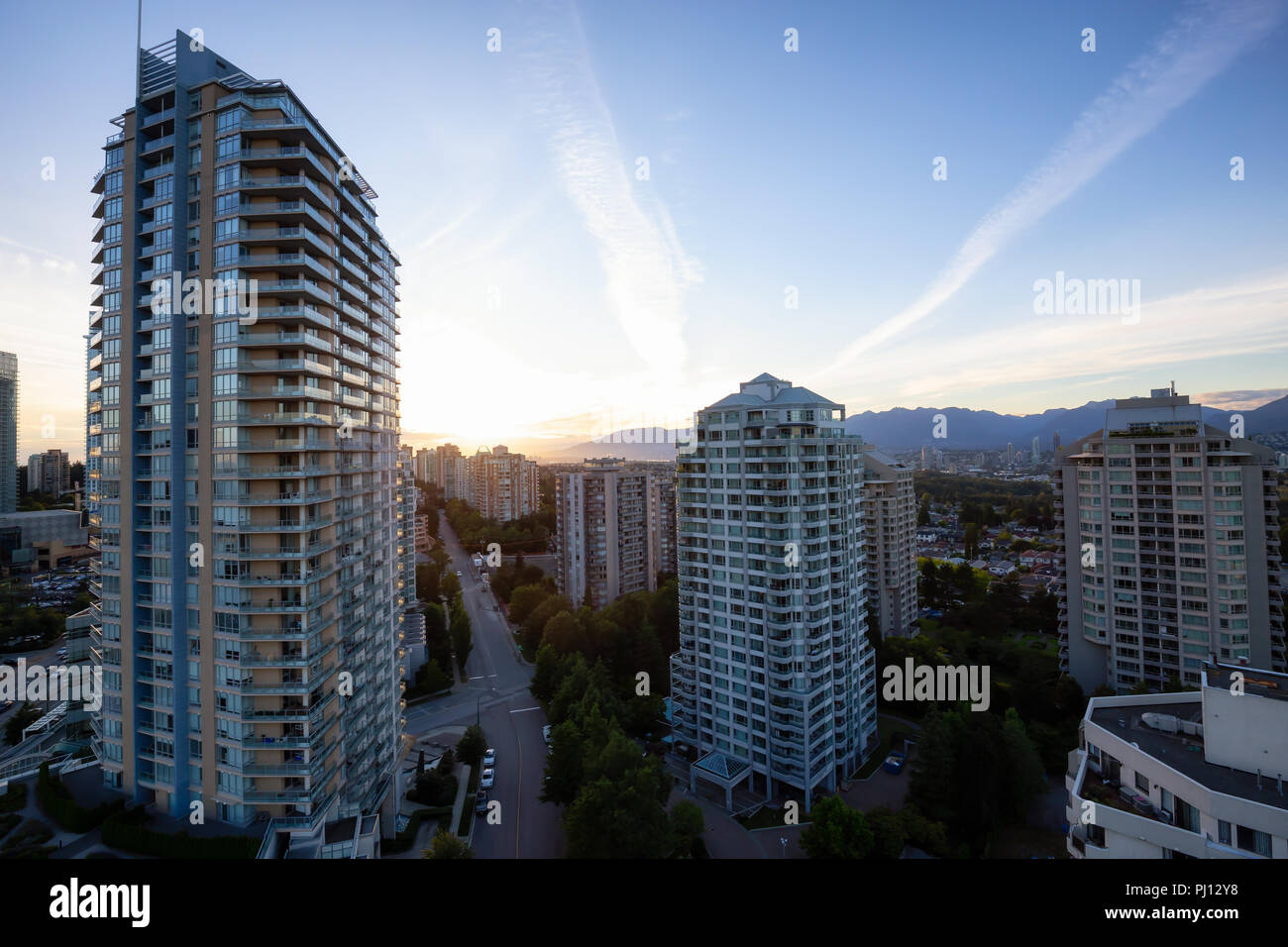 Aerial view of the residential buildings in Metrotown during a vibrant