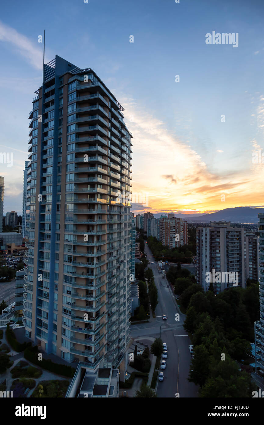 Aerial view of the residential buildings in Metrotown during a vibrant