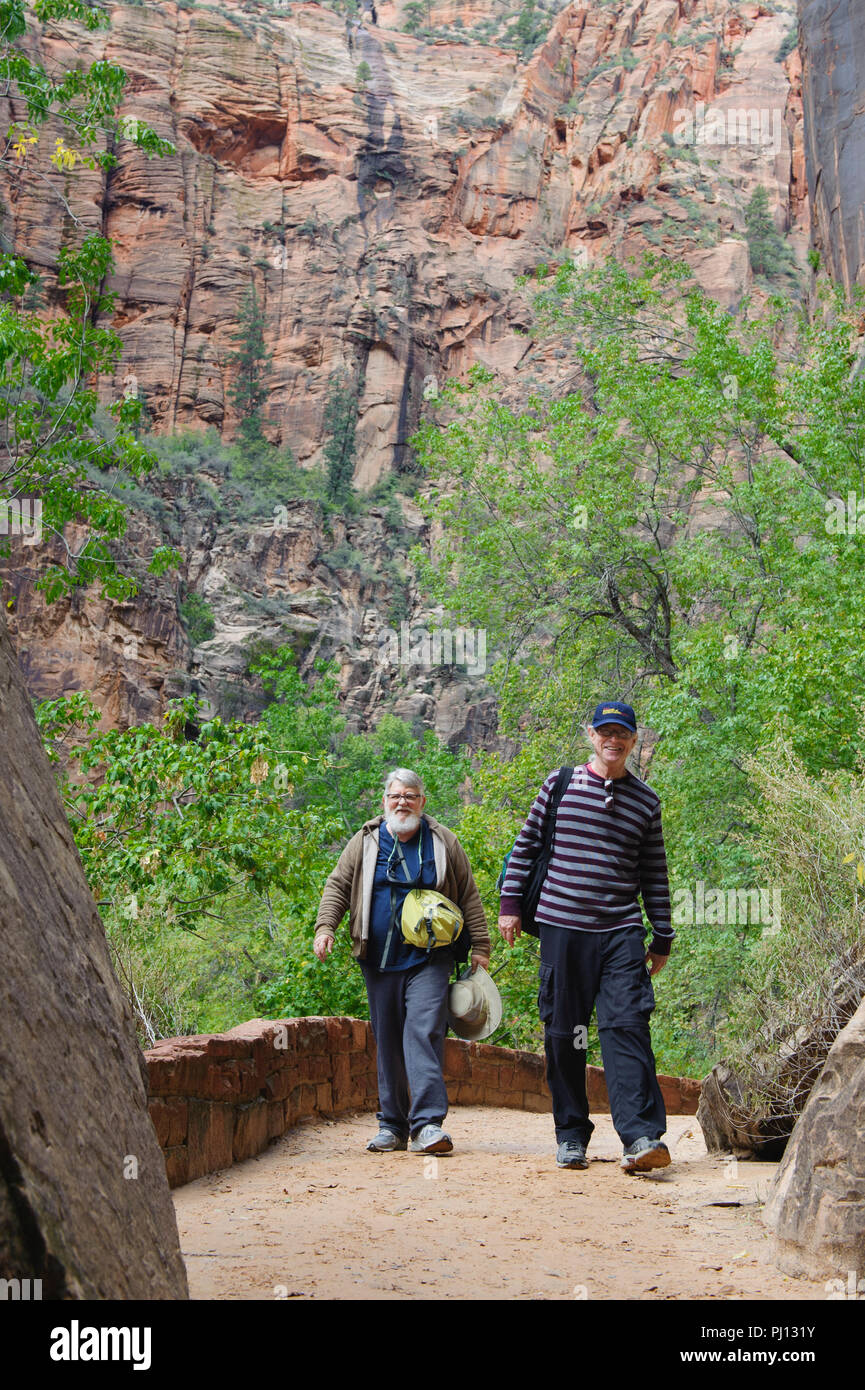 Two older men hiking on a trail in Zion National Park, Utah. USA Stock