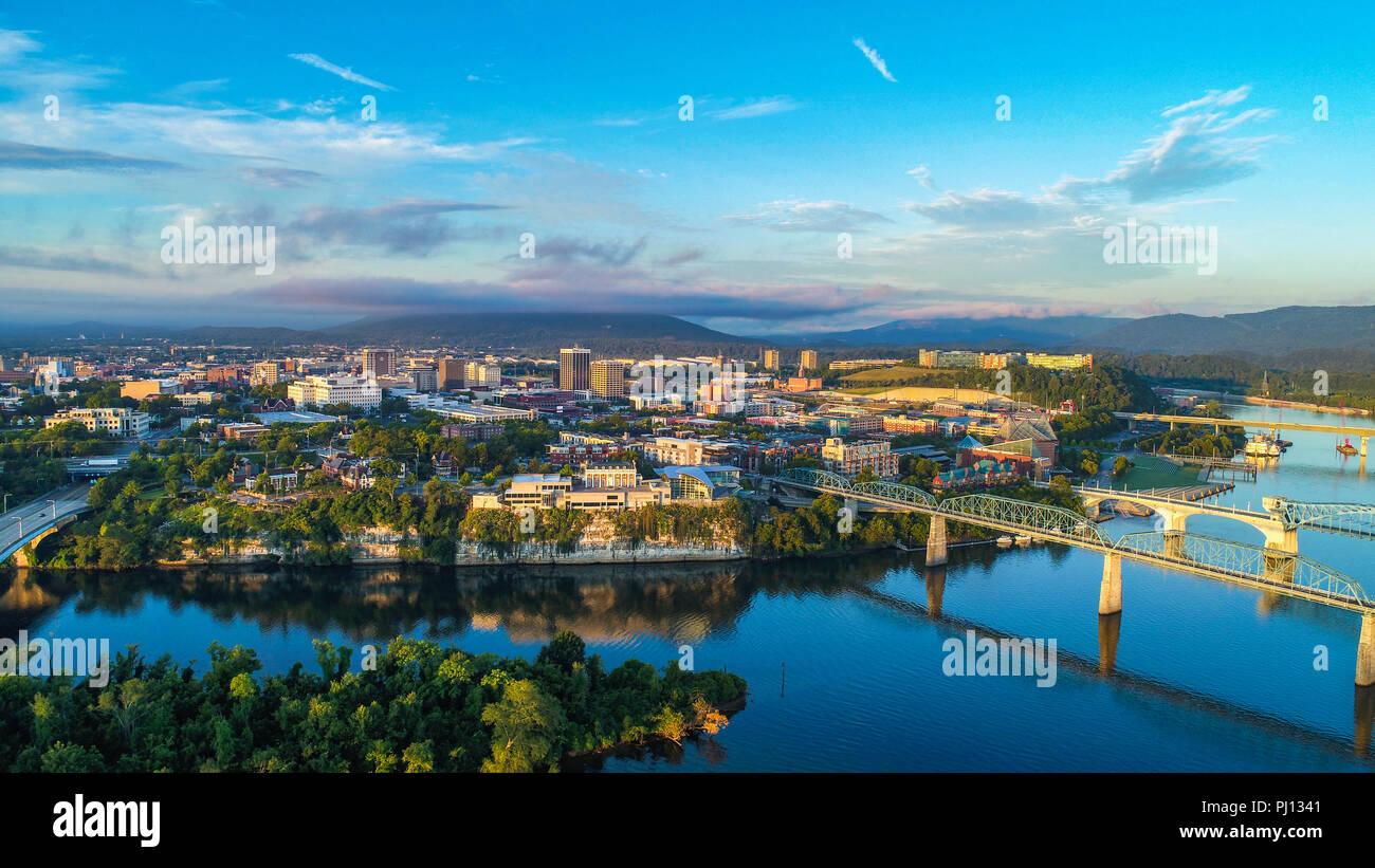 Drone Aerial of Downtown Chattanooga TN Skyline, Coolidge Park and Market Street Bridge. Stock Photo