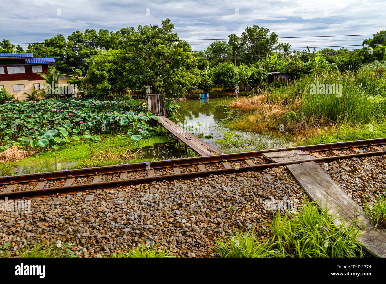 A path running over the train tracks in Thailand Stock Photo
