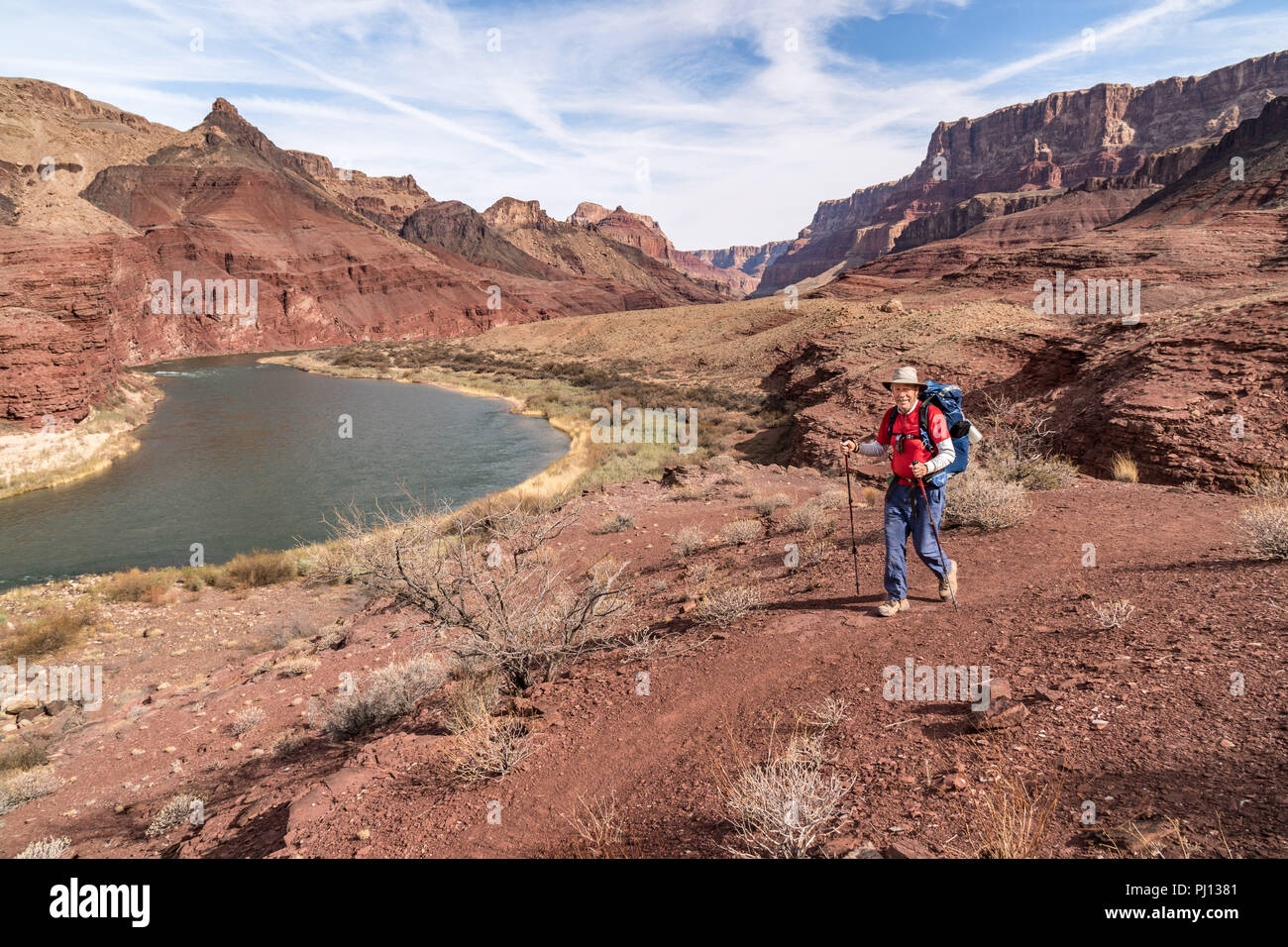 Hiking The Beamer Trail in the Grand Canyon National Park with view of the Colorado River Stock Photo