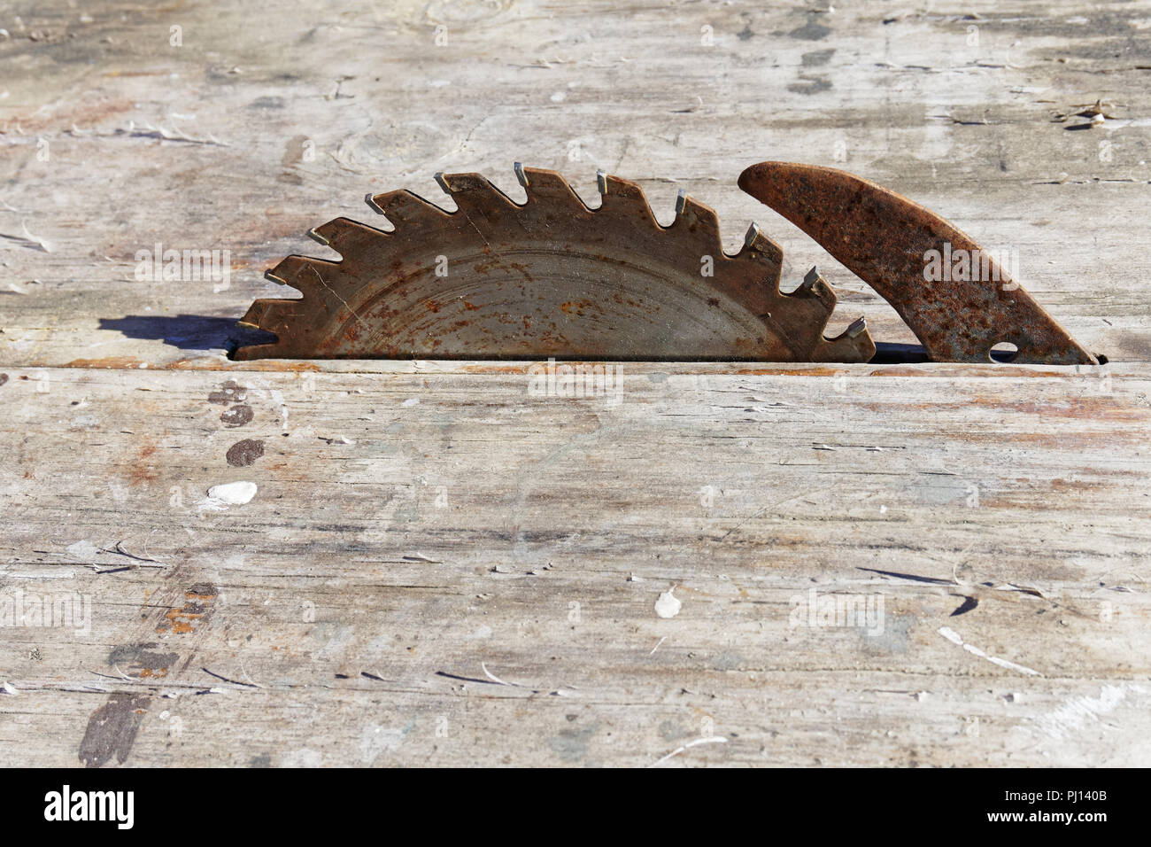 Rusty old circular saw in a wooden bench Stock Photo