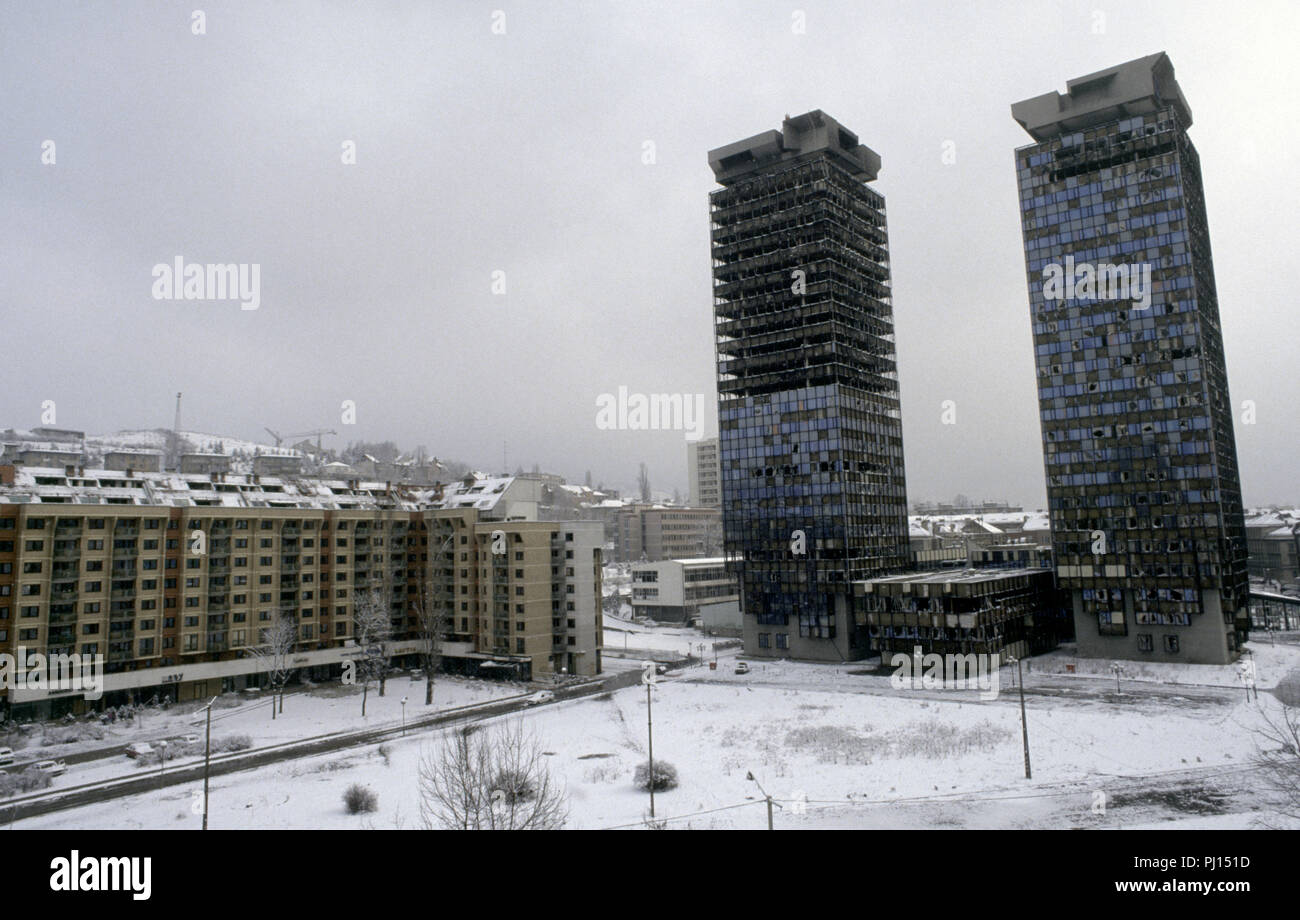 4th March 1993 During the Siege of Sarajevo: the war-damaged twin Unis Towers. The towers were built in the 1980s and were nicknamed 'Momo' and 'Uzeir', a Serb and a Bosniak, after characters in a radio comedy. Stock Photo