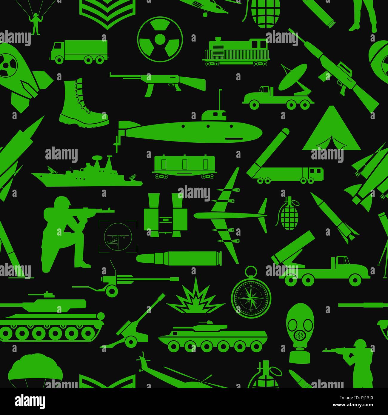 Military background. Seamless pattern. Military elements, armored vehicles. Vector illustration Stock Vector