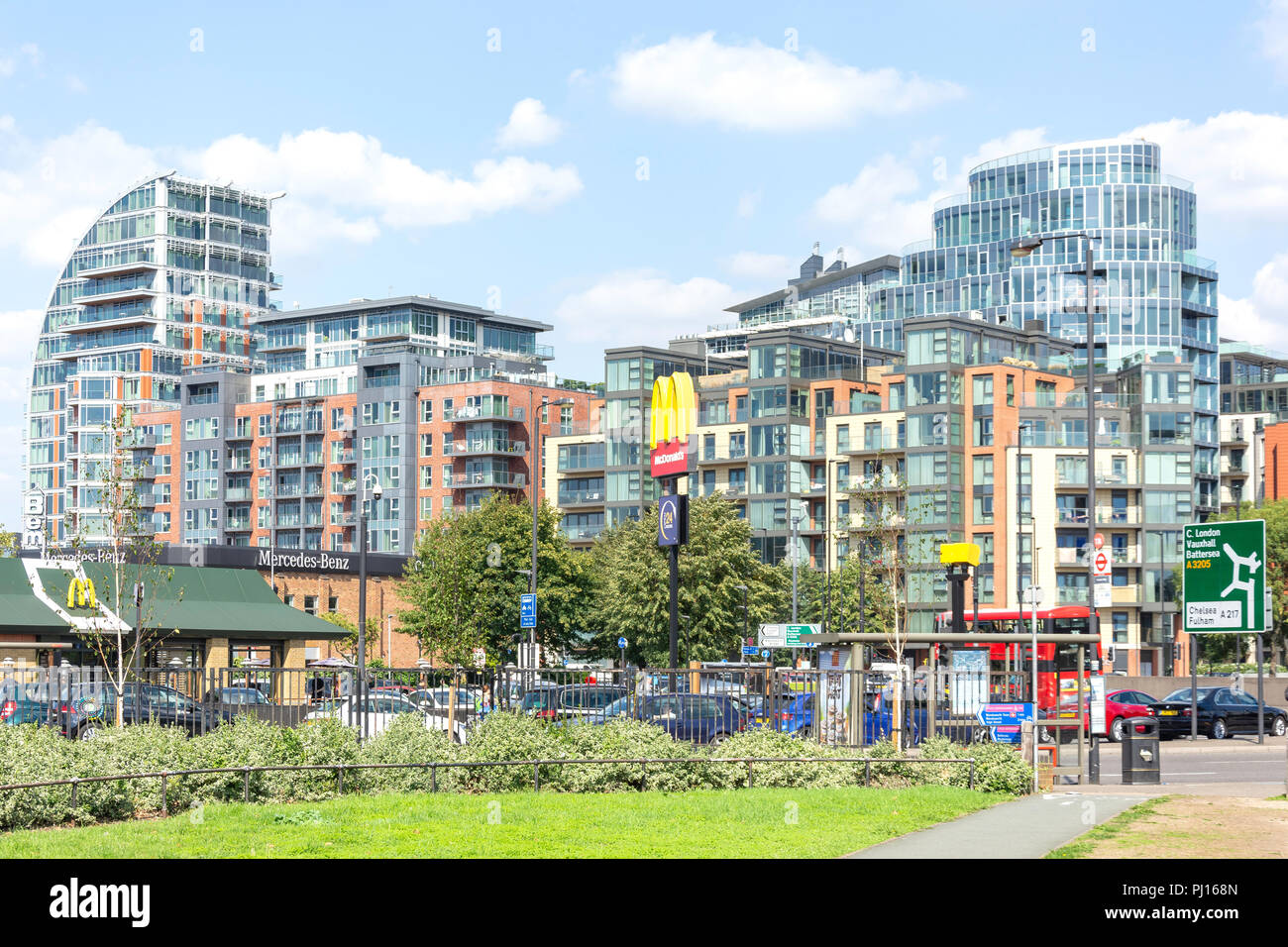 Battersea Reach apartment buildings from Wandsworth Bridge Roundabout, Wandsworth, London Borough of Wandsworth, London, England, United Kingdom Stock Photo