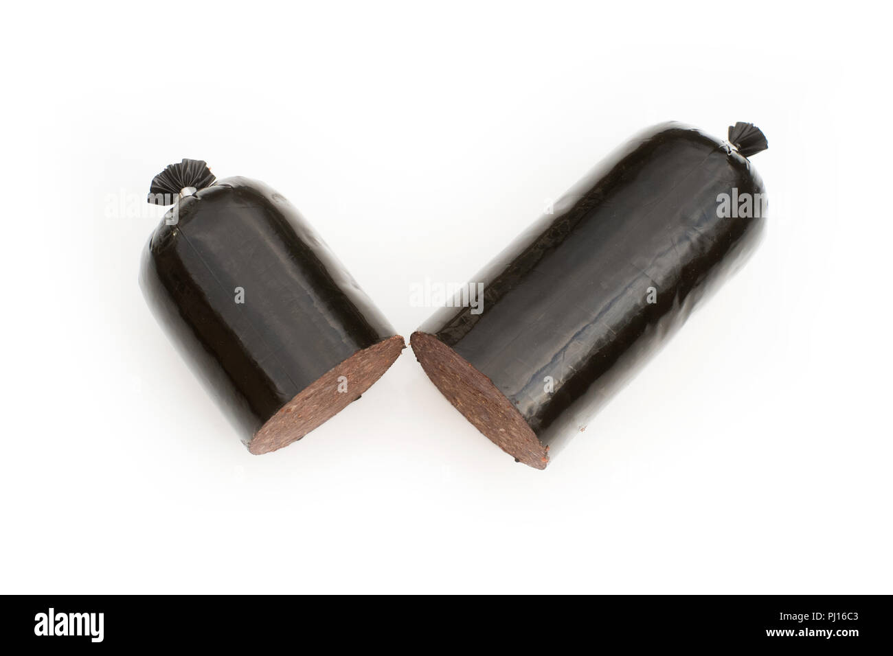 Black pudding blood sausage isolated on a white studio background. Stock Photo