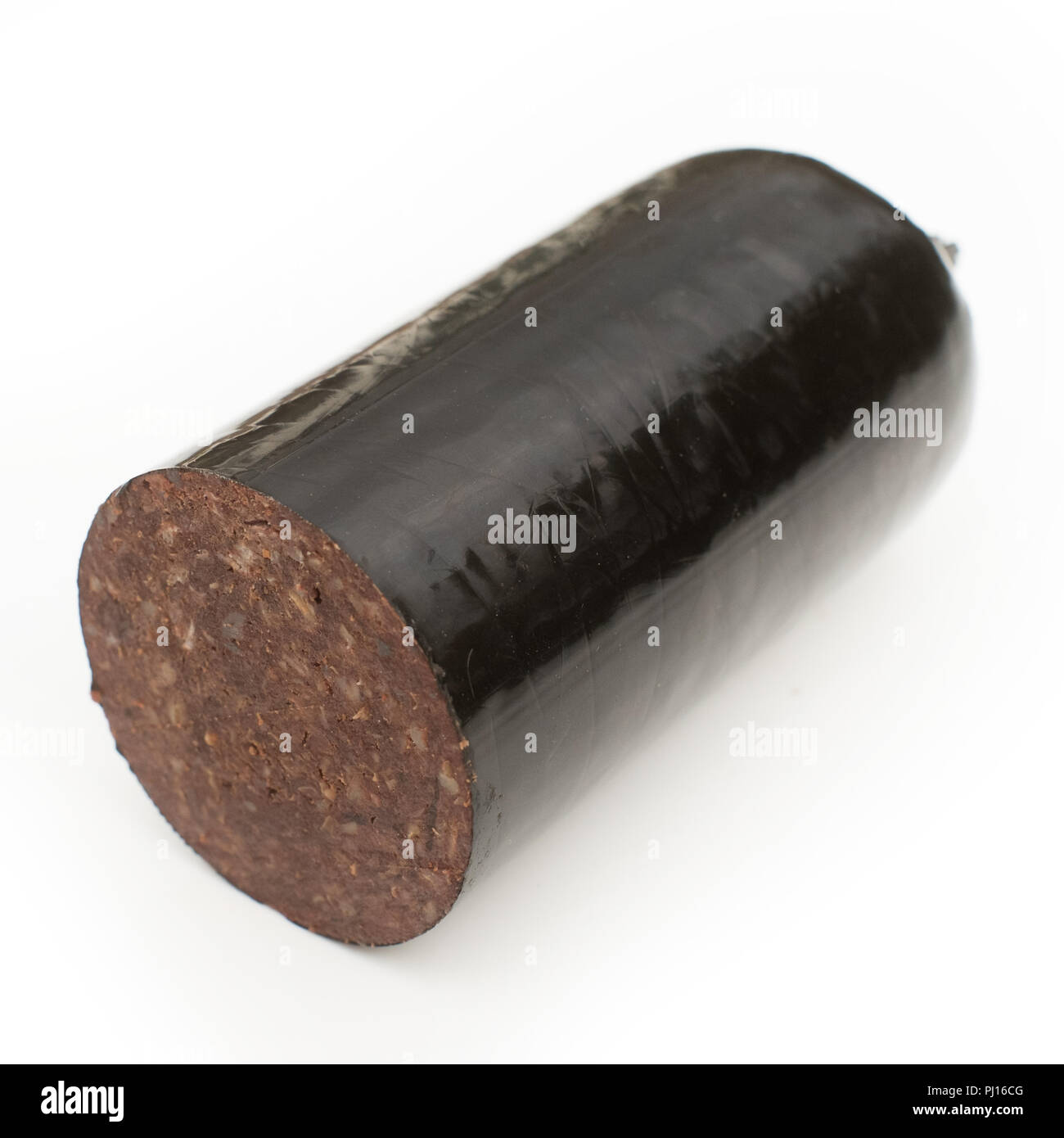 Black pudding blood sausage isolated on a white studio background. Stock Photo