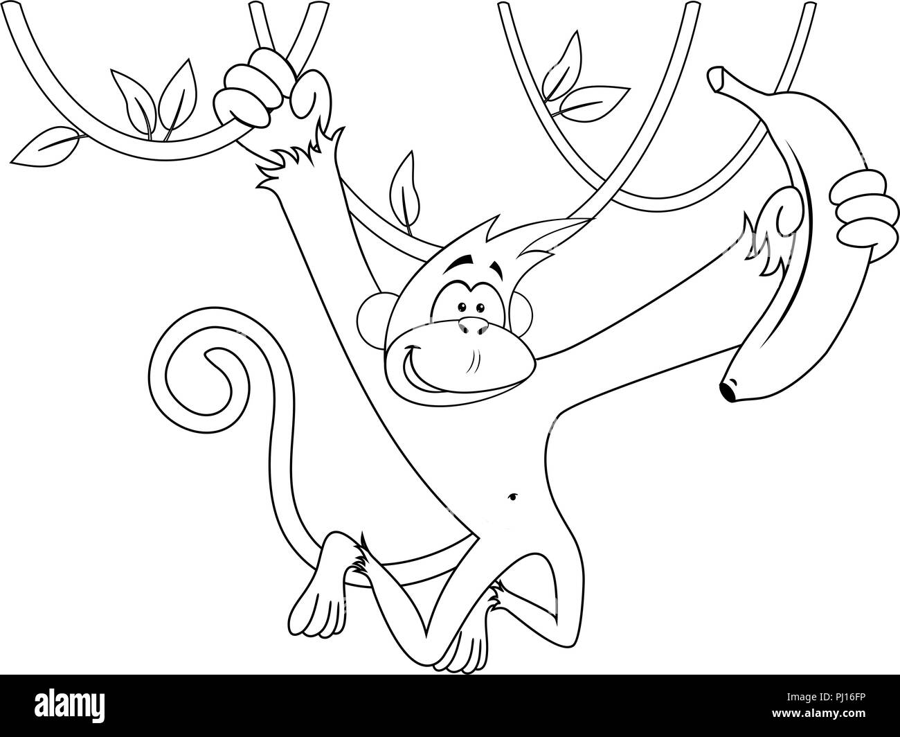 Cartoon happy monkey hanging and holding banana Stock Photo