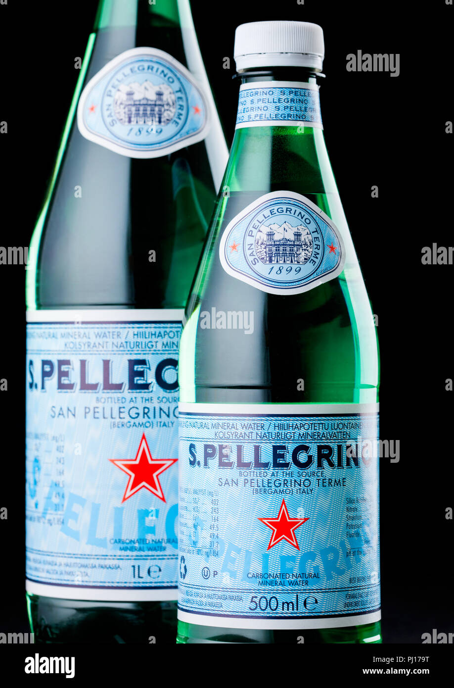 LONDON, UK SEPTEMBER 03, 2018 Plastic Bottles of San Pellegrino