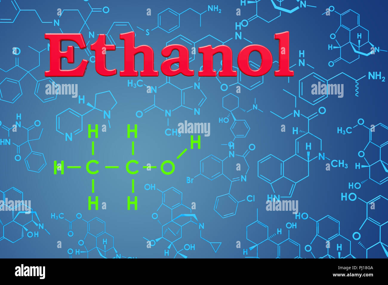 rendering ... 3D Chemical formula, molecular structure. Ethanol.