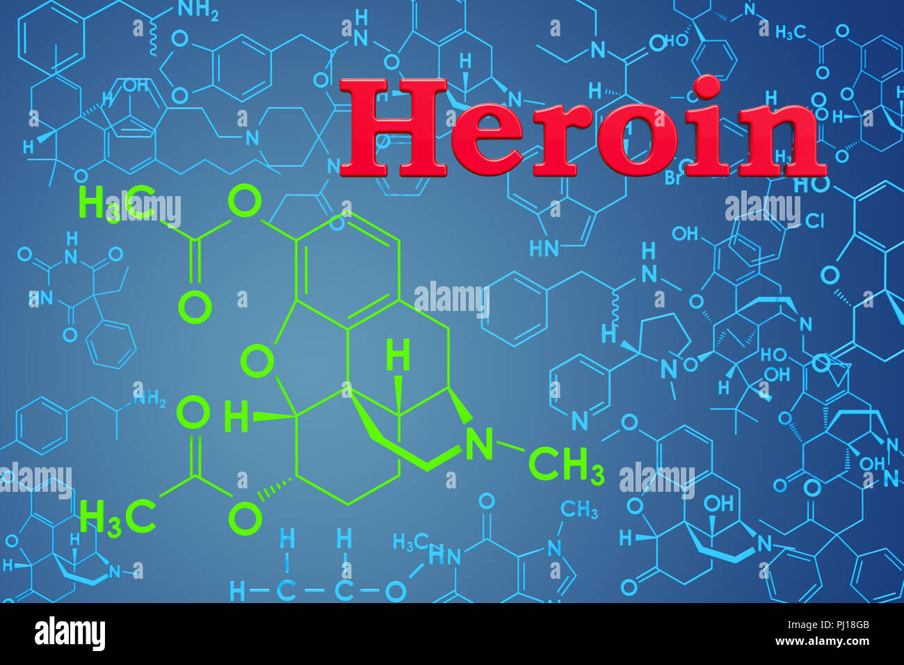 Heroin, diamorphine. Chemical formula, molecular structure. 3D rendering Stock Photo