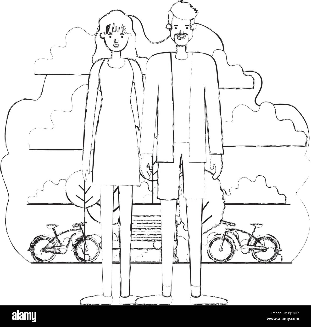 couple characters in the park with bicycle Stock Vector Image & Art - Alamy