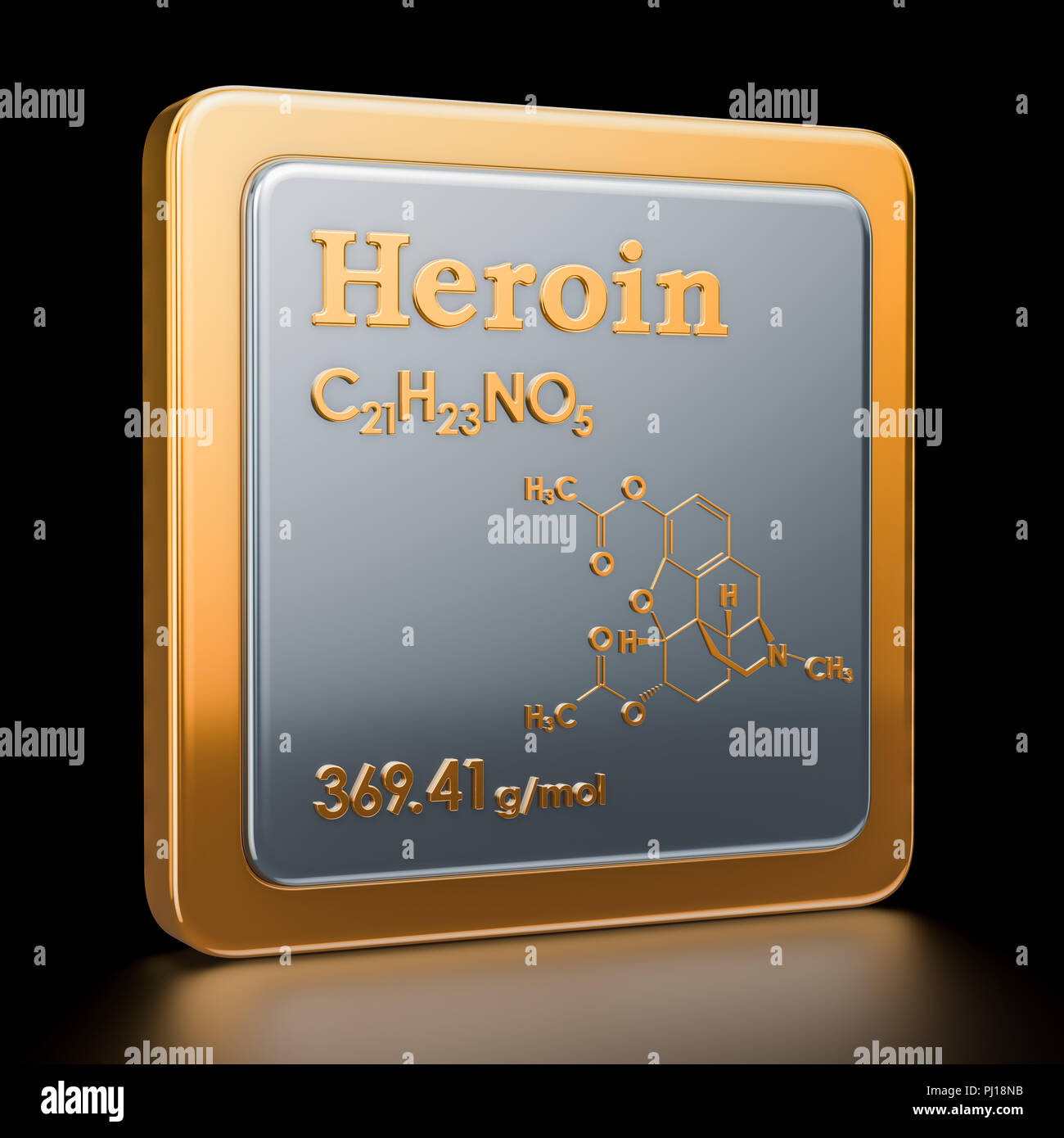 Heroin, diamorphine. Icon, chemical formula, molecular structure. 3D rendering Stock Photo